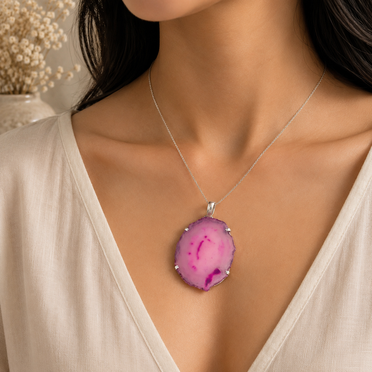 Natural Pink Agate Slice Pendant, Silver Tone Boho Statement Jewelry PEN107-SLV-NSAG01