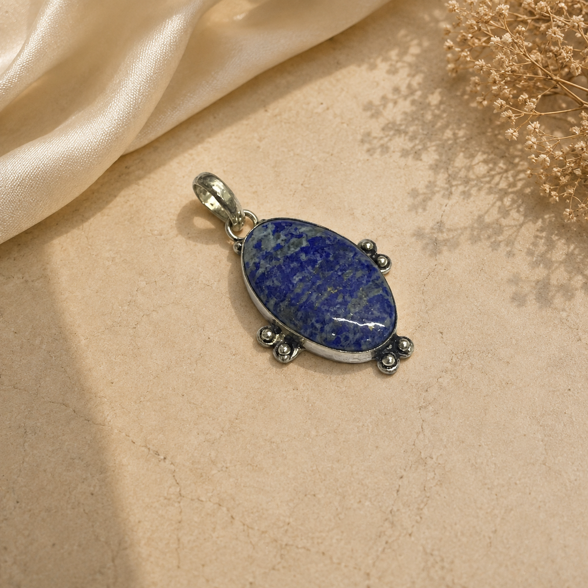 Natural Lapis Lazuli Oval Pendant Oxidized Silver Boho Jewelry PEN108-SLV-NLLZ01