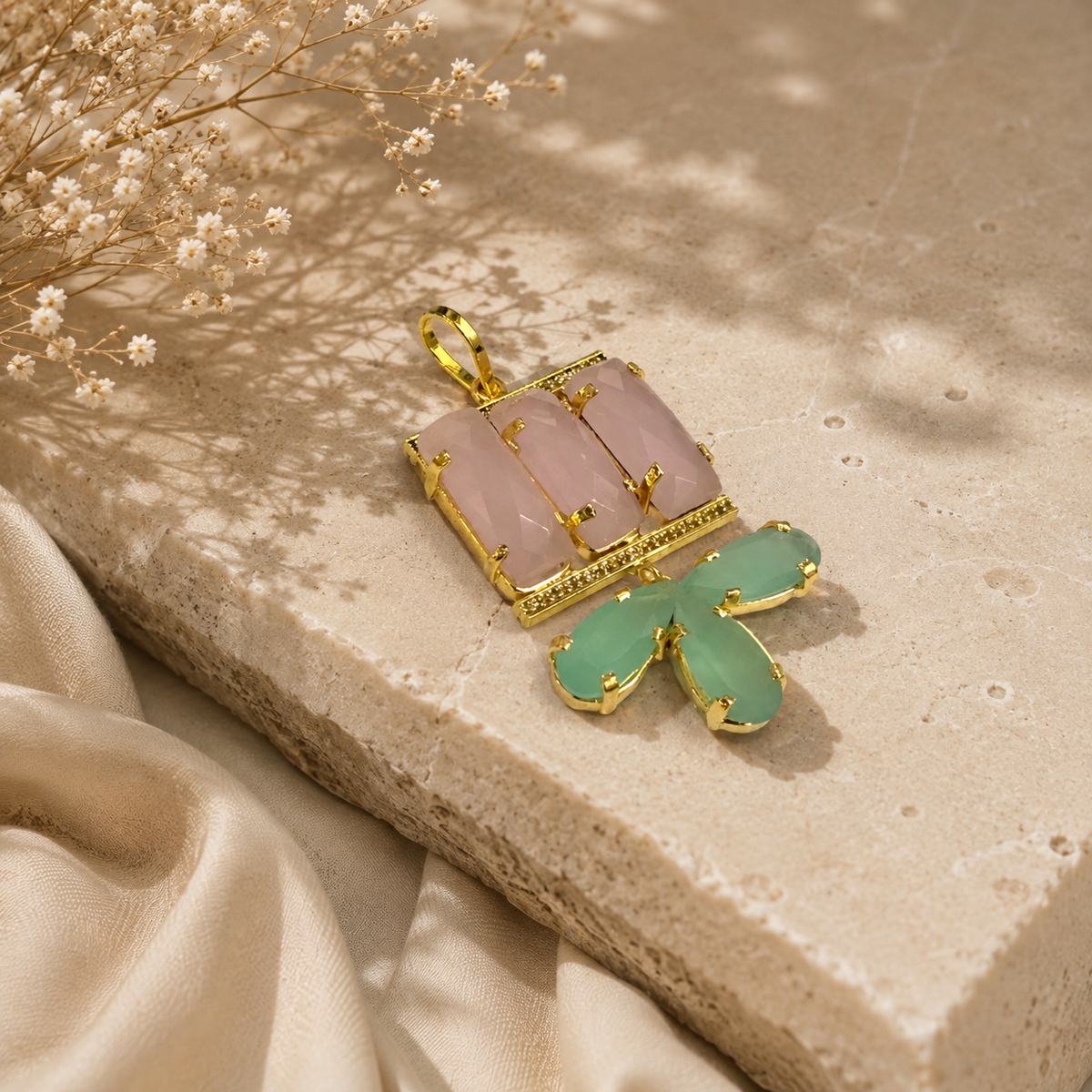 halcedony Floral Pendant Gold Plated Pink Green Gemstone Jewelry PEN111-GLD-NCLY06
