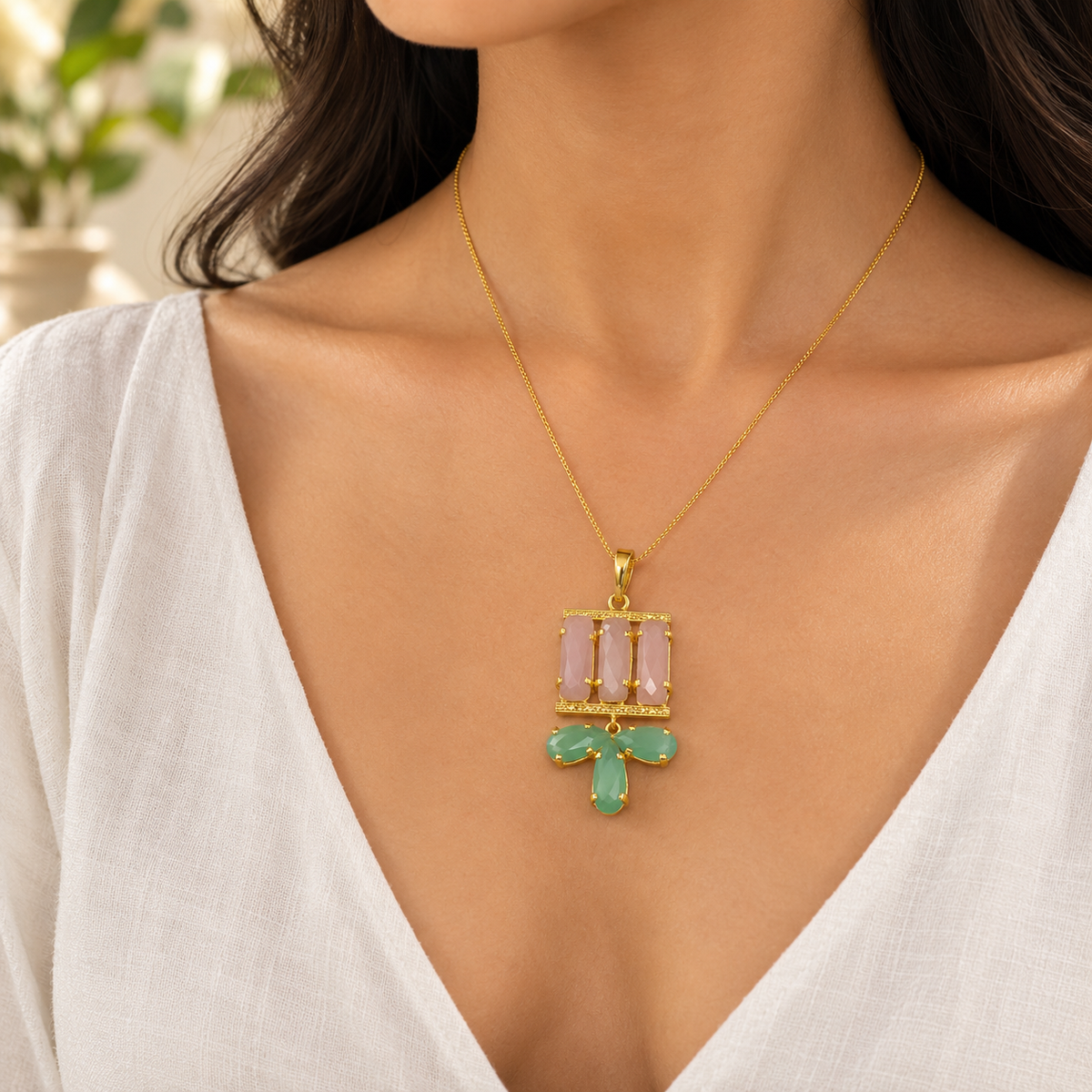 halcedony Floral Pendant Gold Plated Pink Green Gemstone Jewelry PEN111-GLD-NCLY06
