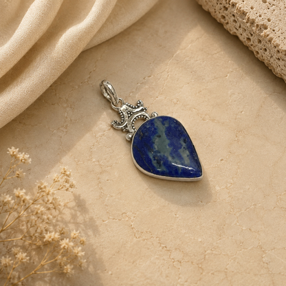 Natural Lapis Lazuli Oval Pendant Oxidized Silver Boho Jewelry PEN112-SLV-NLLZ01