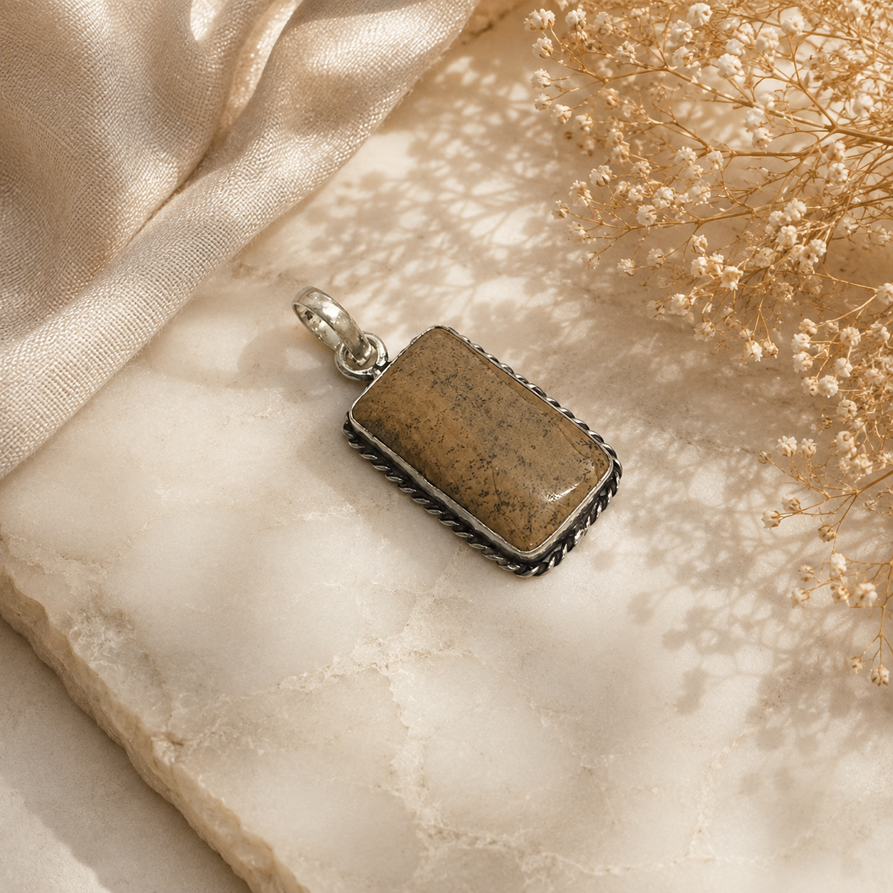 Natural Jasper Silver Pendant, Rectangular Gemstone Boho Jewelry Gift PEN113-SLV-NPJR01