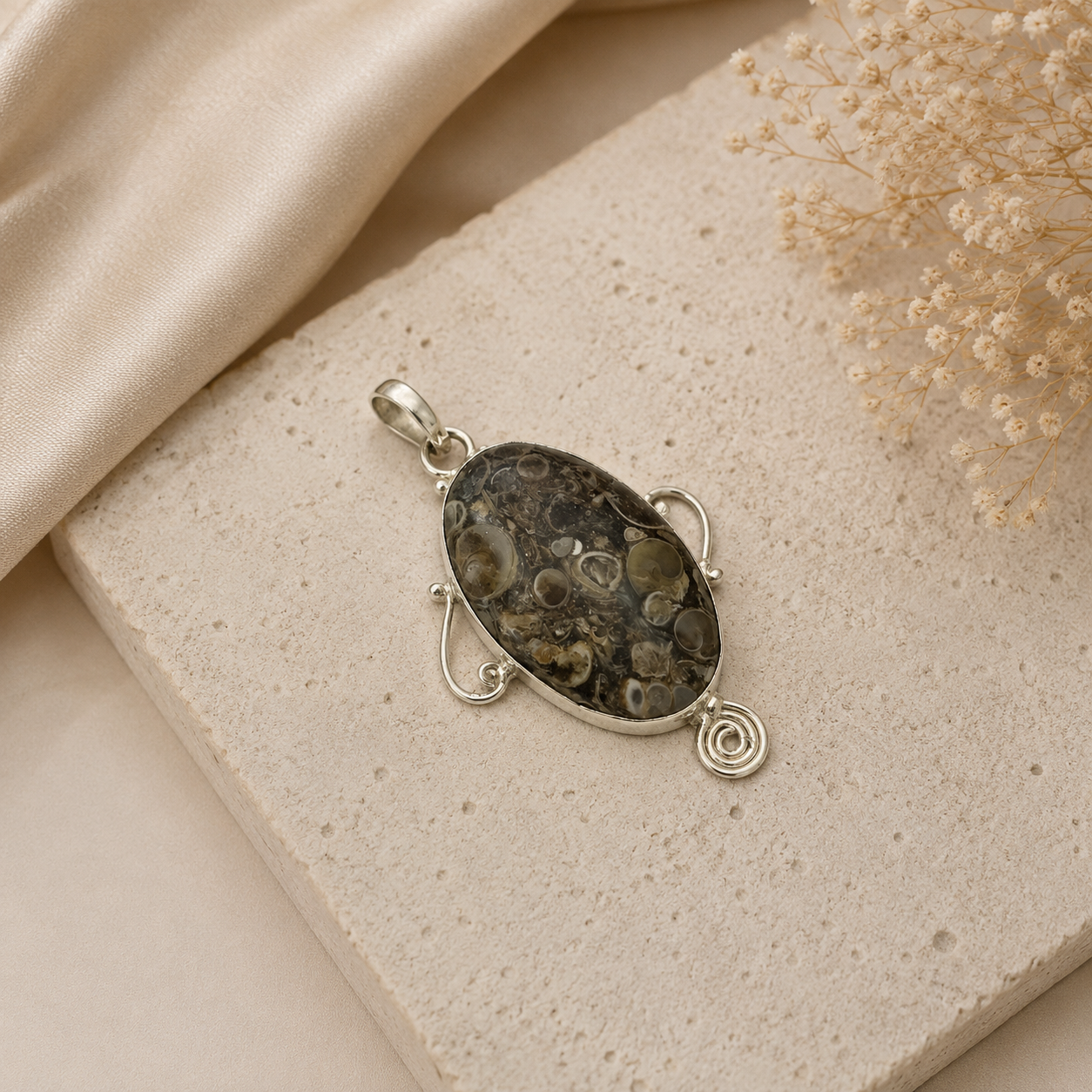 Natural Turritella Agate Pendant, Fossil Gemstone Boho Jewelry PEN115-SLV-NTT01