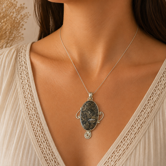 Natural Turritella Agate Oval Pendant Fossil Gemstone Boho Jewelry PEN115-SLV-NTT01