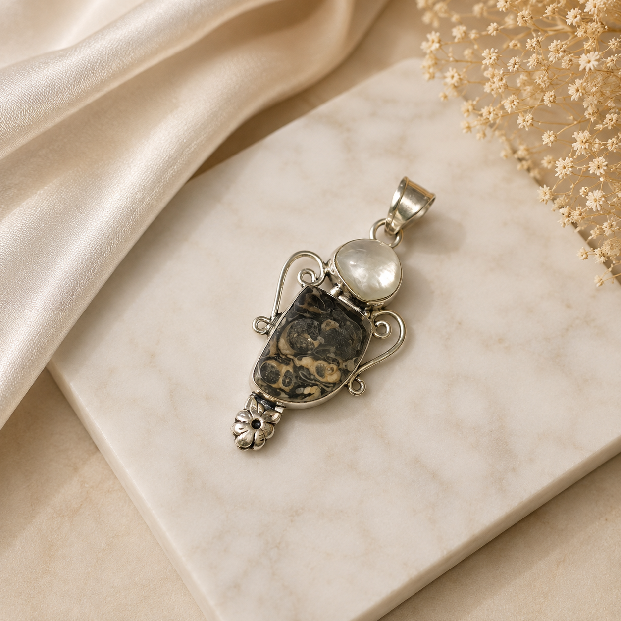 Natural Turritella Agate Pendant, Fossil Gemstone Boho Jewelry PEN116-SLV-NTT-NPRL02