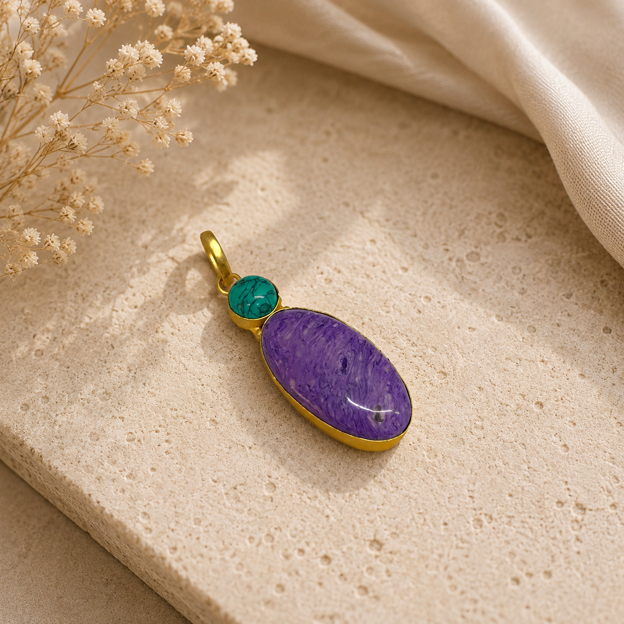 Purple Charoite Turquoise Gold Pendant Statement Gemstone Jewelry PEN117-GLD-LCH-LTUR02