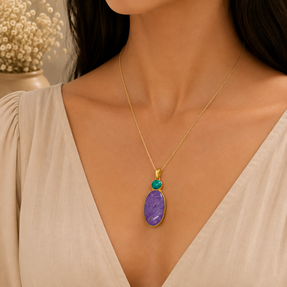 Purple Charoite Turquoise Gold Pendant Statement Gemstone Jewelry PEN117-GLD-LCH-LTUR02
