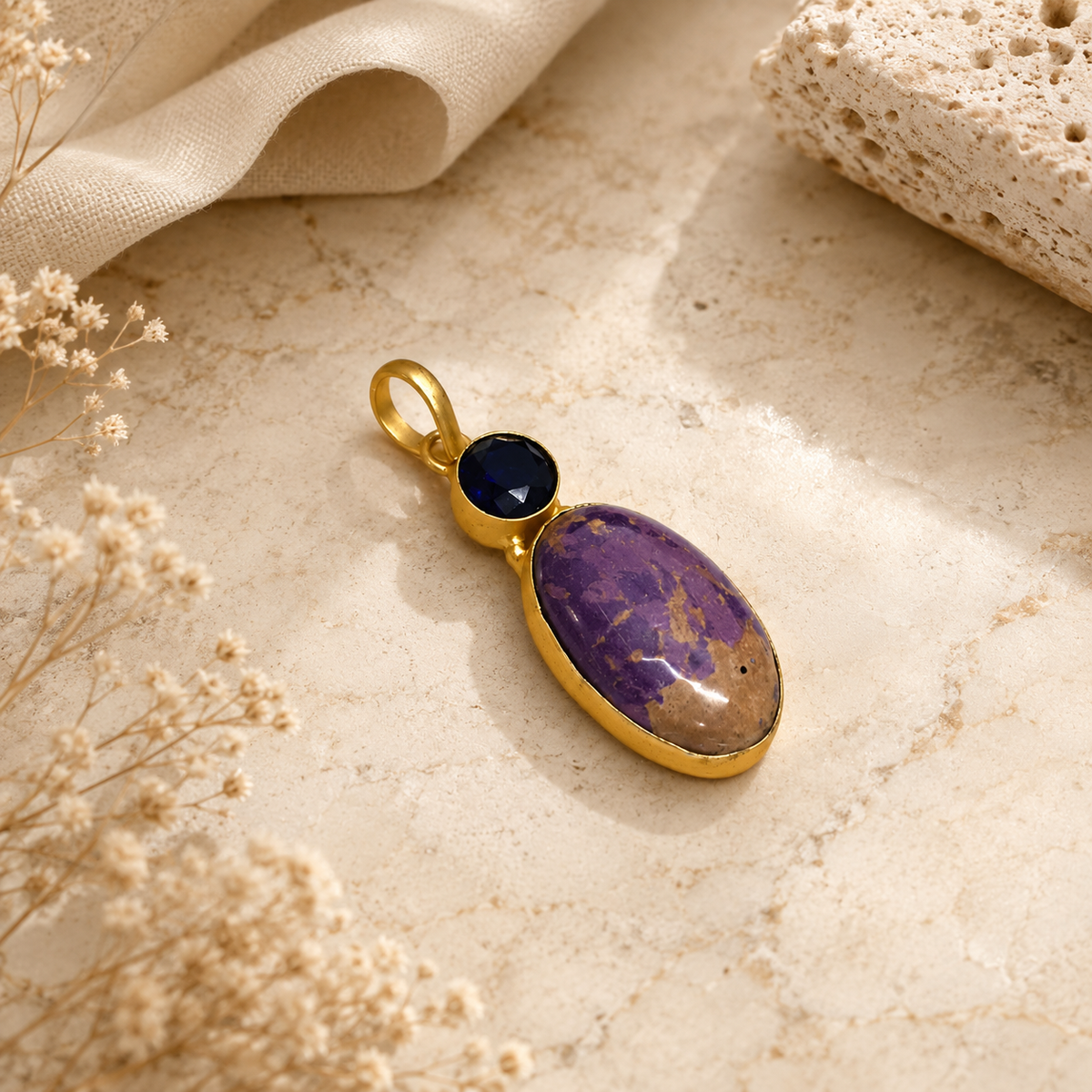 Charoite Pendant with Blue Accent Stone in Gold Tone Setting PEN117-GLD-LTZ-LCH02