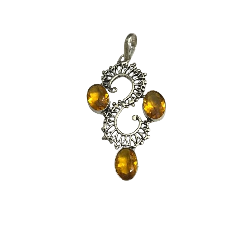 Citrine Silver Pendant, Tribal Boho Statement Gemstone Jewelry PEN118-SLV-LCT03