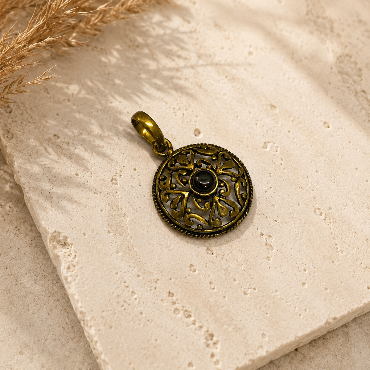 Antique Bronze Round Pendant Black Stone Boho Tribal Statement Jewelry PEN119-BRS-NBO01