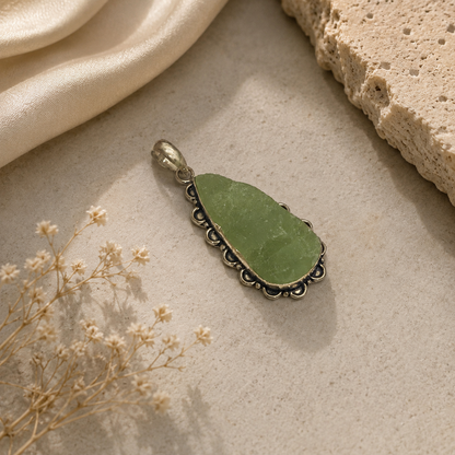 Natural Prehnite Pendant Green Gemstone Silver Boho Statement Jewelry PEN120-SLV-RPR01