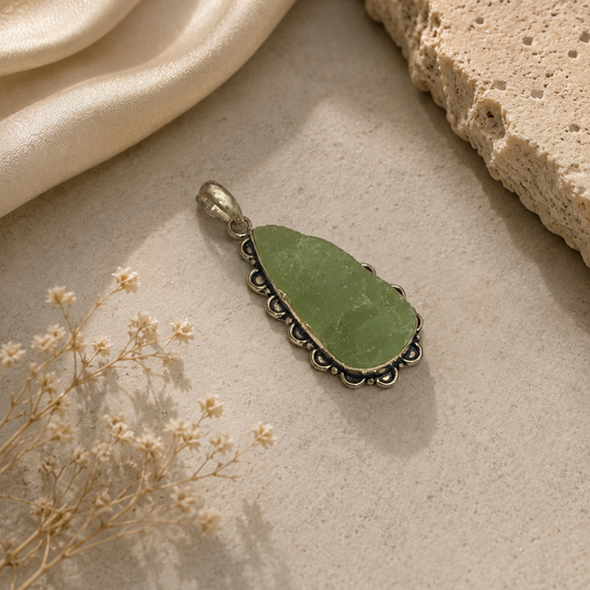 Natural Prehnite Pendant Green Gemstone Silver Boho Statement Jewelry PEN120-SLV-RPR01