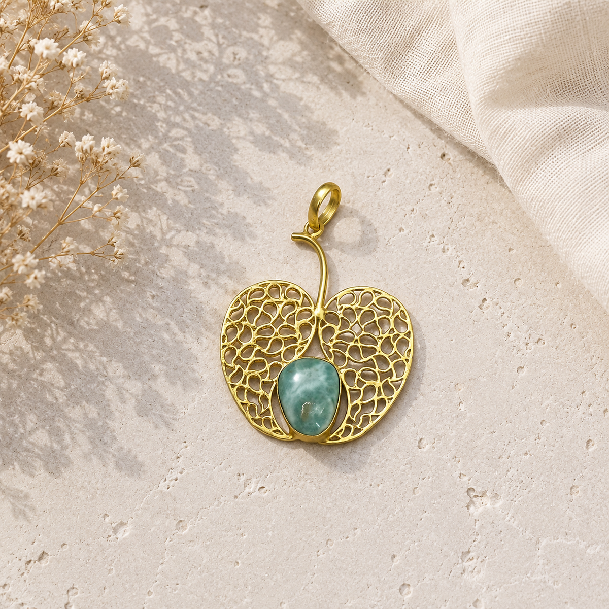 Larimar Heart Pendant Gold Tone Filigree Blue Gemstone Boho Jewelry PEN132-GLD-NLR01