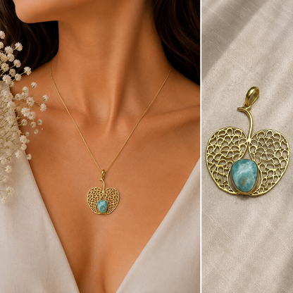 Larimar Heart Pendant Gold Tone Filigree Blue Gemstone Boho Jewelry PEN122-GLD-NLR01