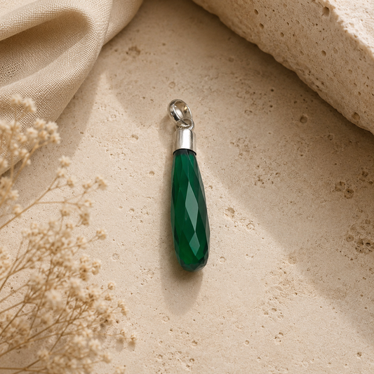 Green Onyx Teardrop Pendant, Faceted Silver Gemstone Boho Jewelry PEN122-SLV-LGO01