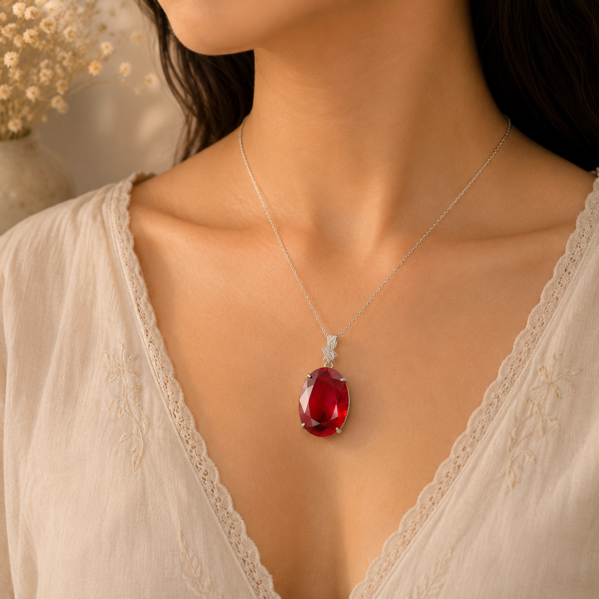 Lab Grown Garnet Red Oval Pendant Silver Tone Jewelry Gift PEN124-SLV-LGR01