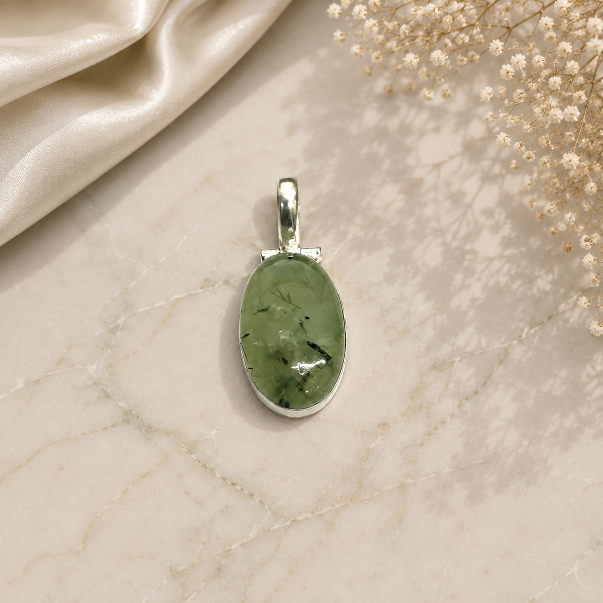 Natural Prehnite Pendant Green Gemstone Silver Boho Statement Jewelry PEN126-SLV-NPR01
