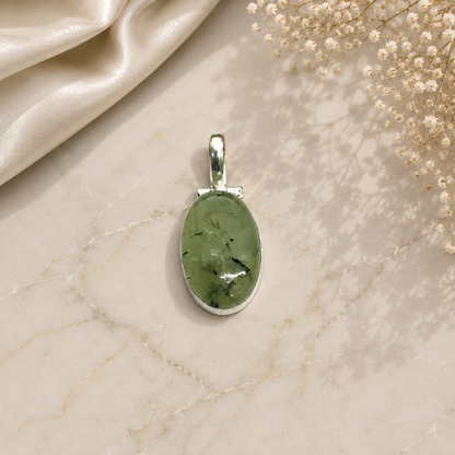 Natural Prehnite Pendant Green Gemstone Silver Boho Statement Jewelry PEN126-SLV-NPR01