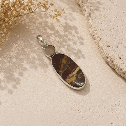 Natural Jasper Pendant Brown Landscape Stone Silver Statement Jewelry PEN164-SLV-NWJR+LRQ02