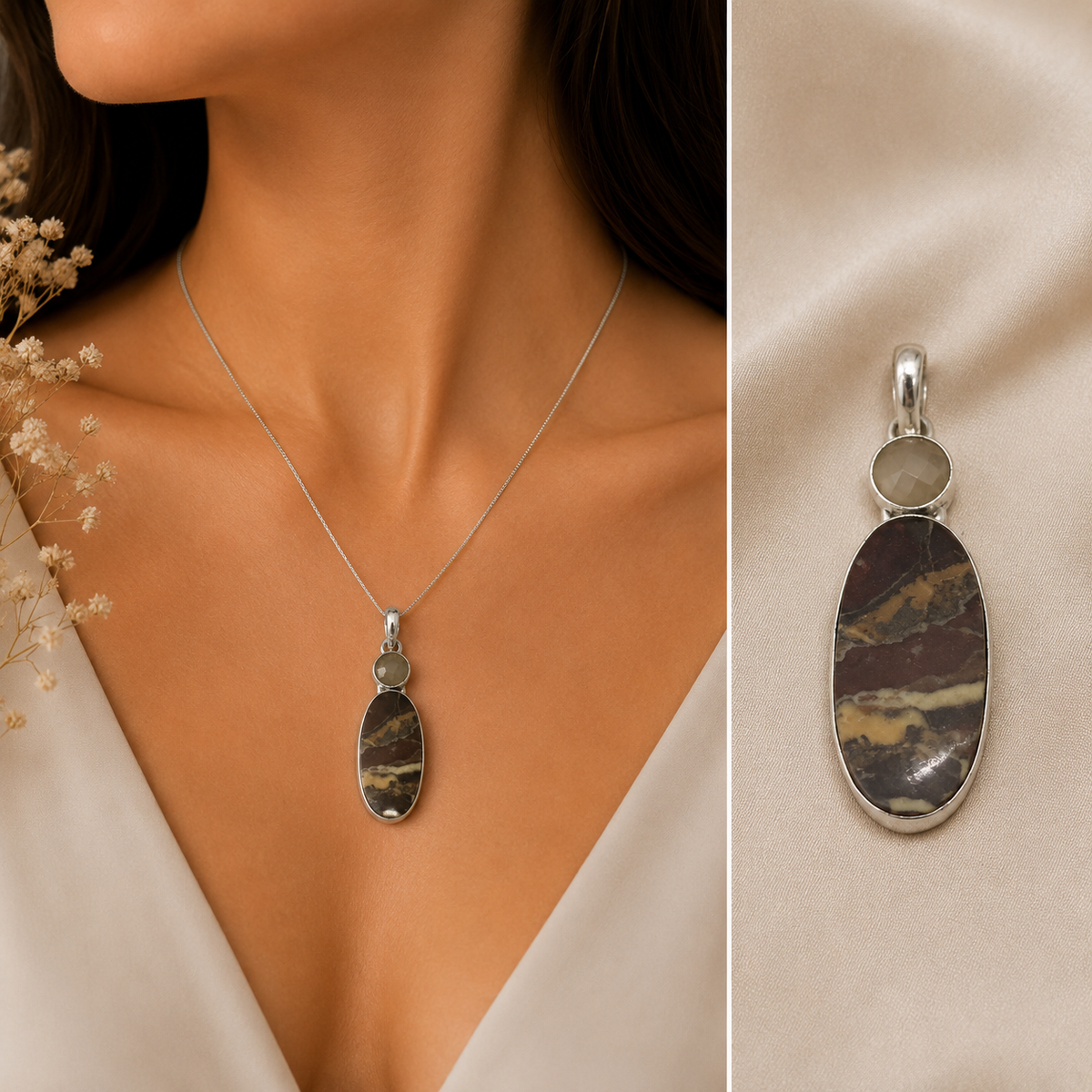 Natural Jasper Pendant Brown Landscape Stone Silver Statement Jewelry PEN164-SLV-NWJR+LRQ02