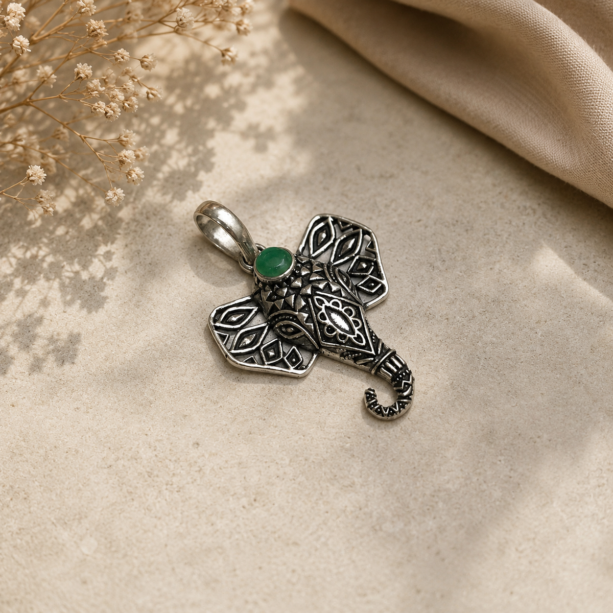 Elephant Pendant with Green Stone Oxidized Silver Boho Tribal Jewelry PEN128-SLV-NGO01