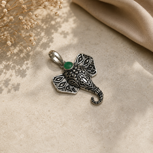 Elephant Pendant with Green Stone Oxidized Silver Boho Tribal Jewelry PEN128-SLV-NGO01