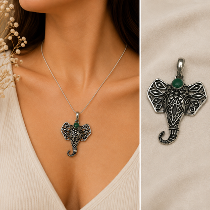 Elephant Pendant with Green Stone Oxidized Silver Boho Tribal Jewelry PEN128-SLV-NGO01