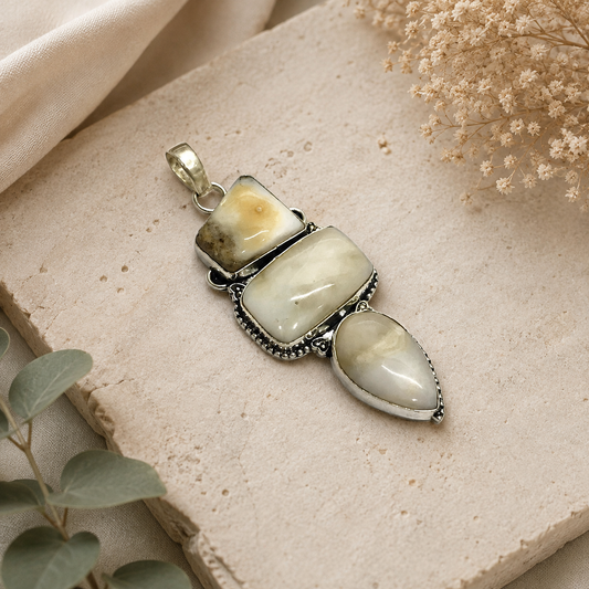 Natural Agate Slice Pendant, Silver Tone Boho Statement Jewelry PEN129-SLV-NAG03