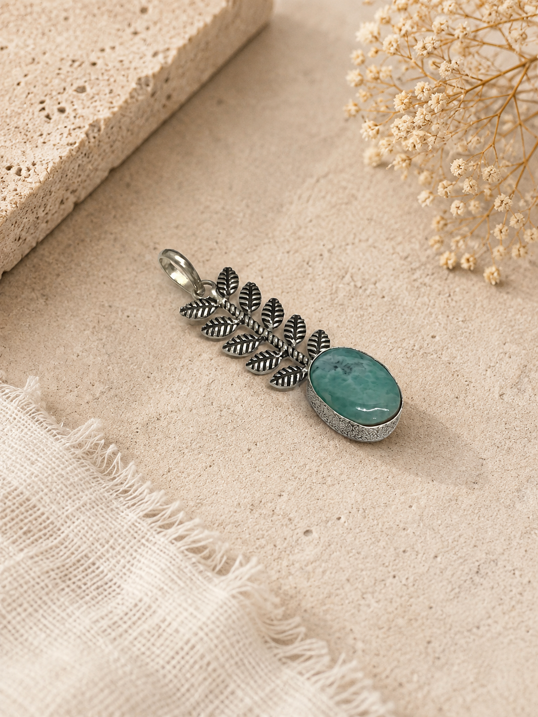 Larimar Leaf Pendant Blue Green Gemstone Silver Boho Nature Jewelry PEN130-SLV-NLR01