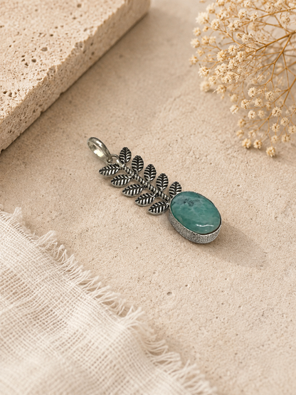 Larimar Leaf Pendant Blue Green Gemstone Silver Boho Nature Jewelry PEN130-SLV-NLR01