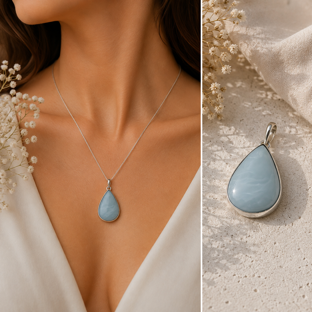 Blue Opal Pendant Teardrop Gemstone Silver Boho Minimalist Jewelry PEN133-SLV-NBOPL01