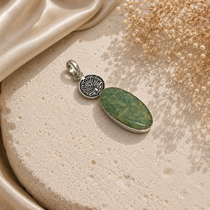 Natural Amazonite Pendant, Silver Plated Peacock Charm Boho Jewelry PEN135-SLV-NAMZ01