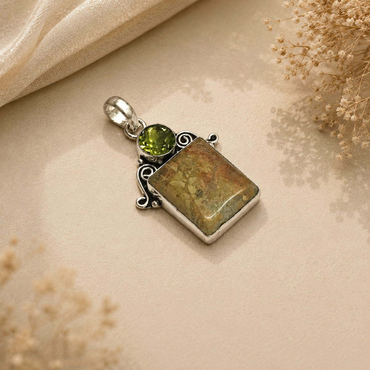 Natural Jasper Silver Pendant, Rectangular Gemstone Boho Jewelry Gift PEN136SLV-NJR-LPD02