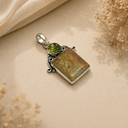 Natural Jasper Silver Pendant, Rectangular Gemstone Boho Jewelry Gift PEN136SLV-NJR-LPD02