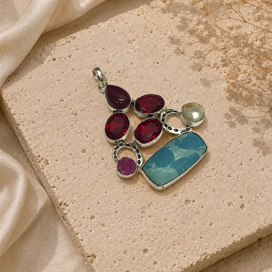 Mixed Gemstone Statement Pendant, Colorful Boho Artisan Jewelry PEN138-SLV-LLR-LMUL07