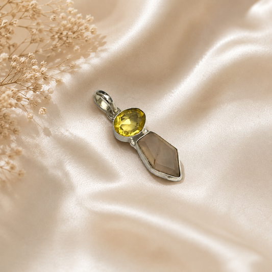 Citrine Rose Quartz Pendant Natural Gemstone Silver Jewelry PEN141-SLV-NRQ-NLMQ02
