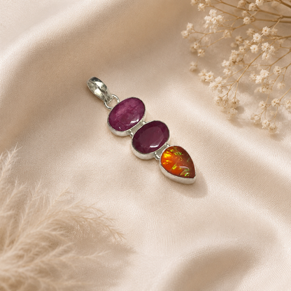 Lab Created Ruby Opal Pendant Gemstone Silver Jewelry, Boho Statement PEN142-SLV-LRBY-LOPL03