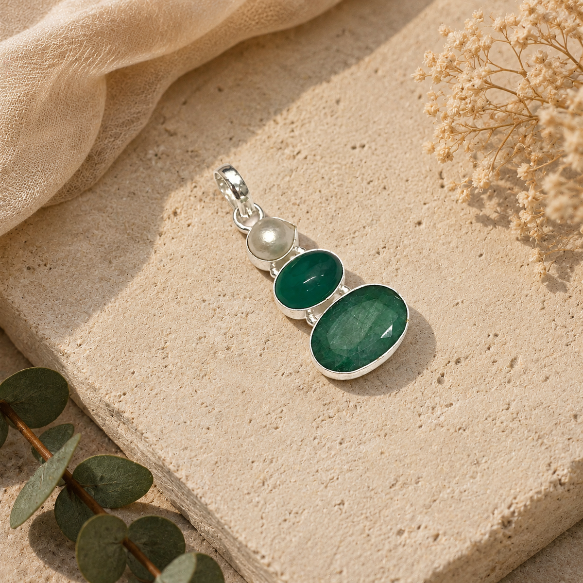 Lab Created Emerald Pendant Green Gemstone Silver Jewelry PEN144-SLV-LEMD-NPRL03