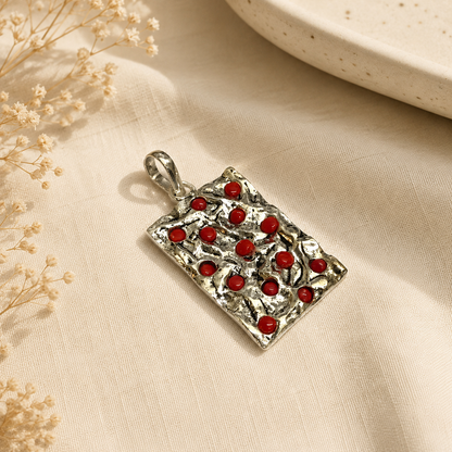 Red Coral Pendant, Textured Silver Gemstone Jewelry, Boho Statement PEN145-SLV-LRC014