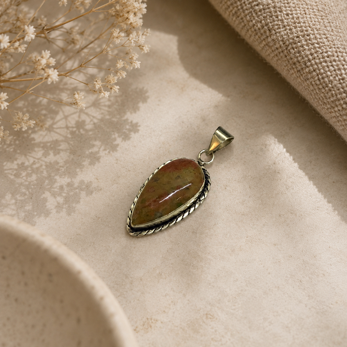 Natural Unakite Pendant, Silver Tone Boho Statement Gemstone Jewelry PEN147-SLV-NRUN01