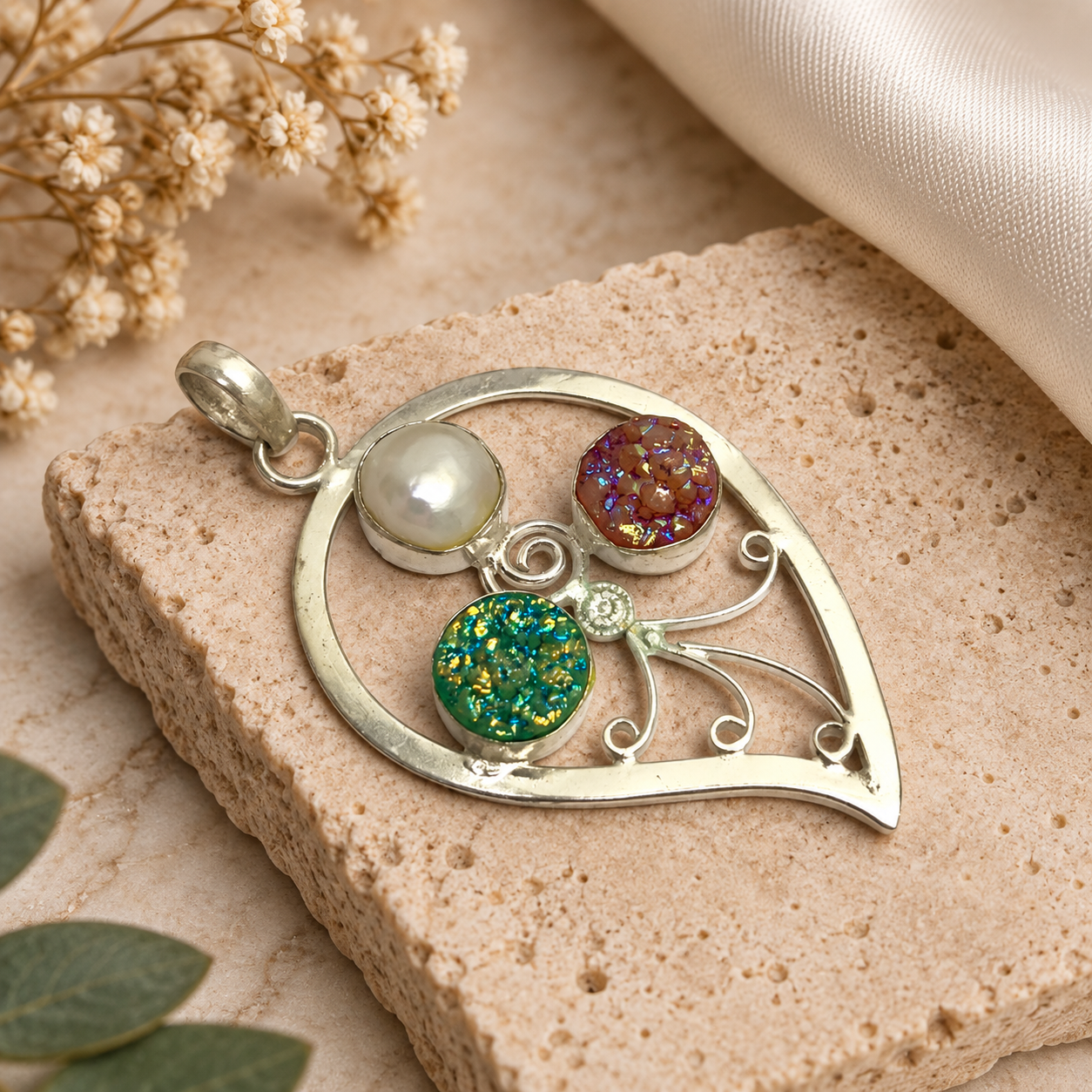 Pearl Druzy Pendant, Colorful Gemstone Silver Jewelry, Boho Gift PEN148-SLV-NTDY-NPRL03