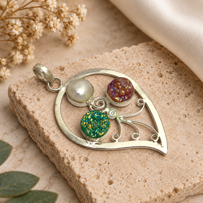 Pearl Druzy Pendant, Colorful Gemstone Silver Jewelry, Boho Gift PEN148-SLV-NTDY-NPRL03