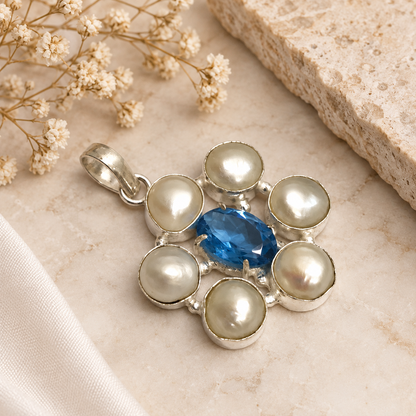 Blue Topaz Pearl Pendant Silver Gemstone Jewelry Elegant Boho Gift PEN151-SLV-NPRL-LBT07