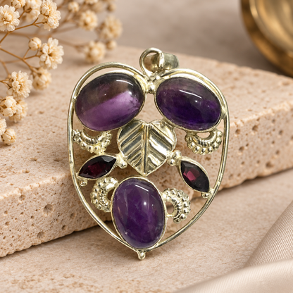 Amethyst Pendant Floral Leaf Boho Gemstone Jewelry PEN152-SLV-NAMT-LGR05