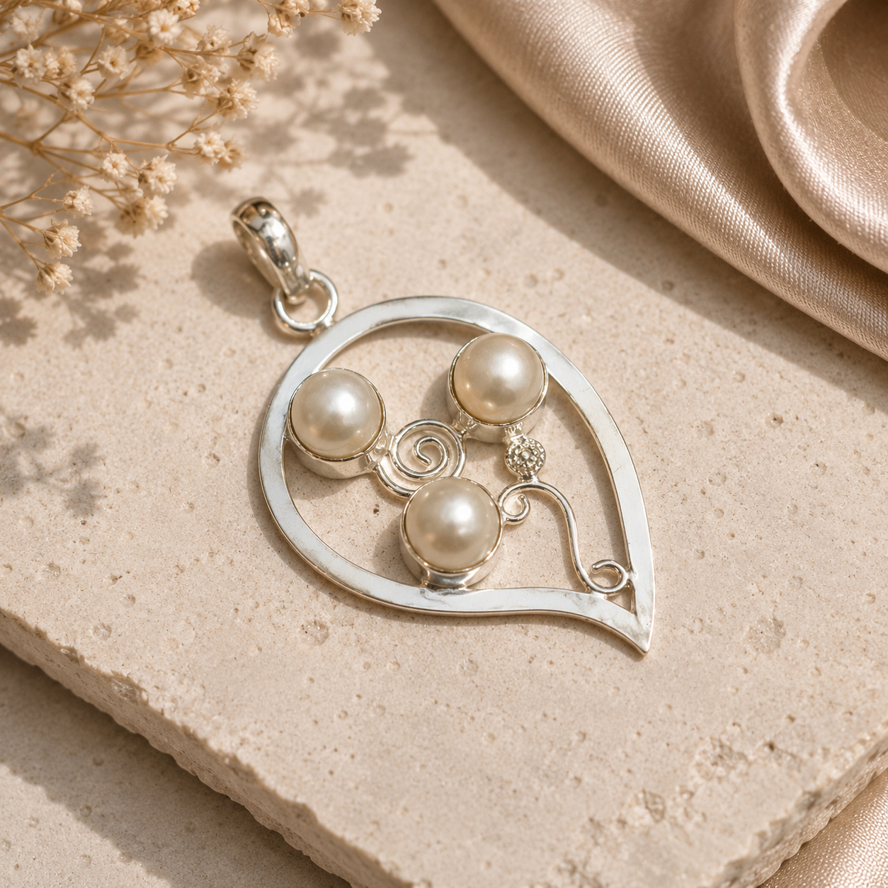 Pearl Pendant, Silver Tone Openwork Jewelry, Elegant Boho Statement PEN154-SLV-NPRL03