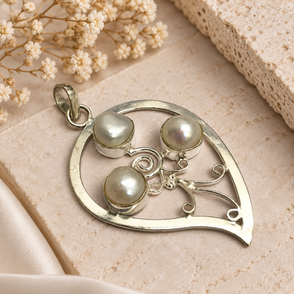 Pearl Pendant, Silver Tone Openwork Jewelry, Elegant Boho Statement PEN155-SLV-NPRL03