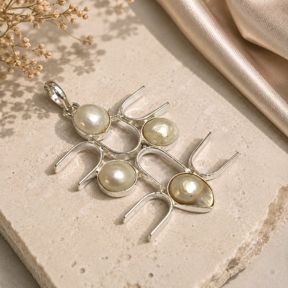 Pearl Pendant, Silver Tone Openwork Jewelry, Elegant Boho Statement PEN158-SLV-NPRL04