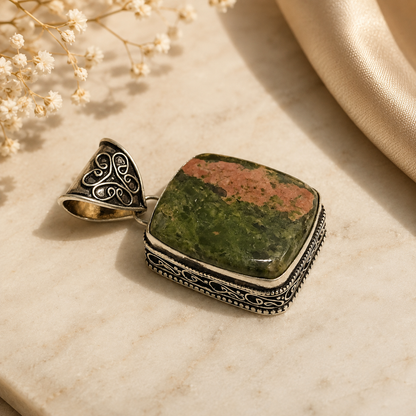 Natural Unakite Pendant, Silver Tone Boho Statement Gemstone Jewelry PEN159-SLV-NRUN01