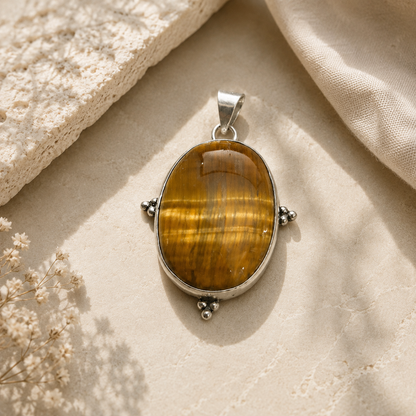Natural Tiger Eye Pendant, Teardrop Boho Gemstone Jewelry Gift PEN160-SLV-NTE01