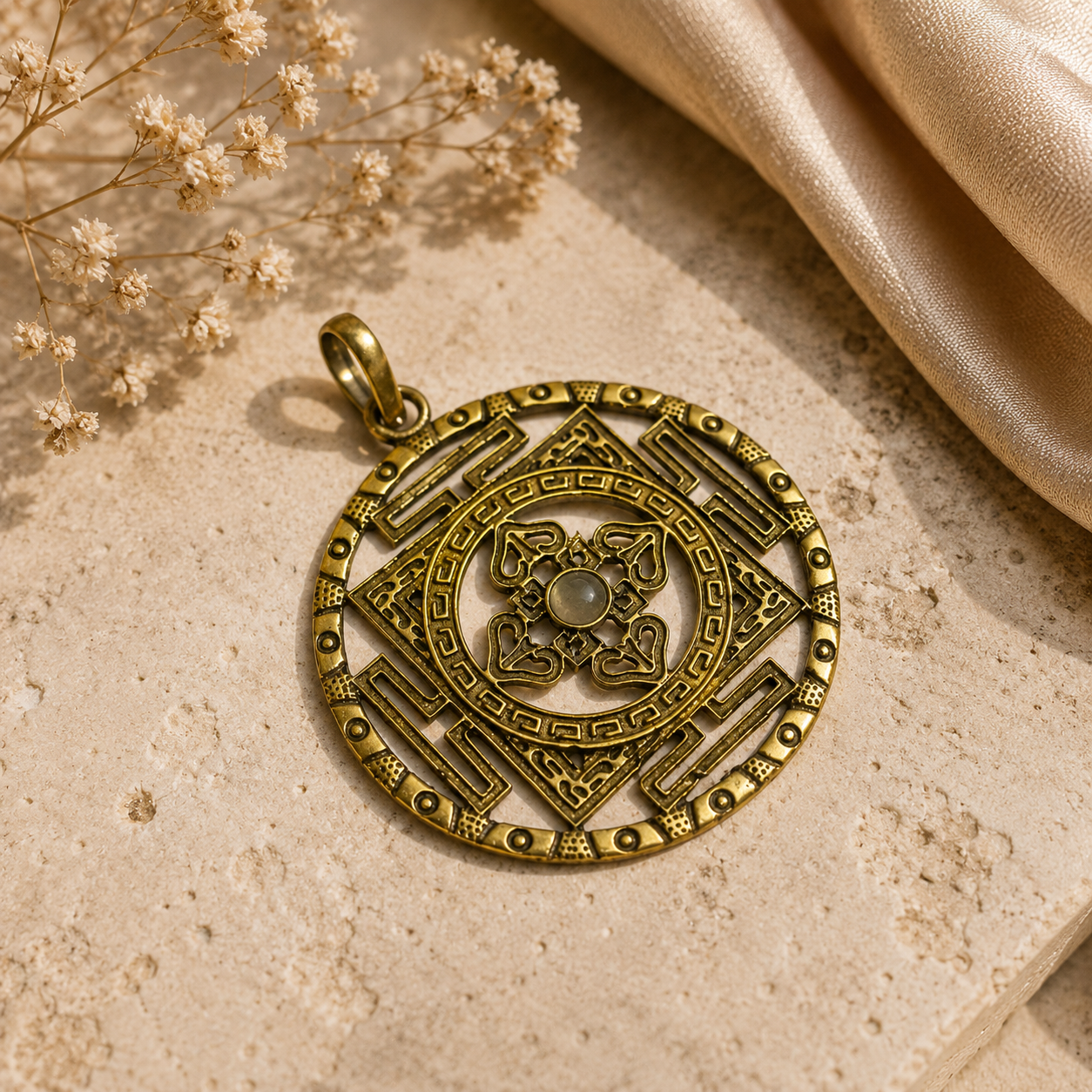 Labradorite Brass Pendant, Antique Geometric Jewelry, Boho Statement PEN161-BRS-NLBD01